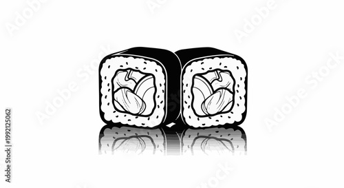 Stylized illustration of two maki rolls with visible fillings and reflections