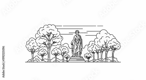 Stylized line art depicts a classical statue amidst a forest of whimsical trees