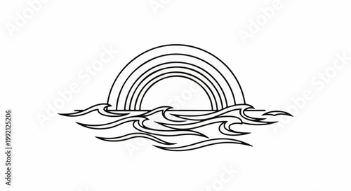 Stylized rainbow arc over stylized ocean waves