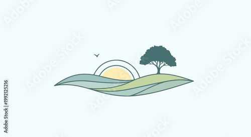 Stylized rolling hills with a sun, tree, and bird, evoking tranquility