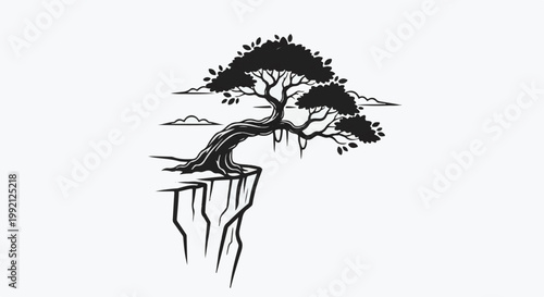 Stylized silhouette of a gnarled tree clinging to a cliff edge