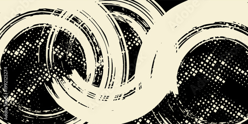 Abstract black halftone circular brush stroke background with grunge-style textures and dynamic swirl elements. The modern monochrome design is ideal for comic book art