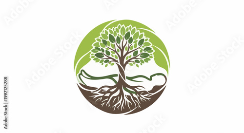 Stylized tree of life with roots and green leaves in a circular frame