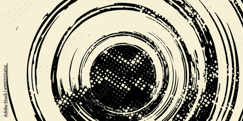 Abstract black halftone circular brush stroke background with grunge-style textures and dynamic swirl elements. The modern monochrome design is ideal for comic book art