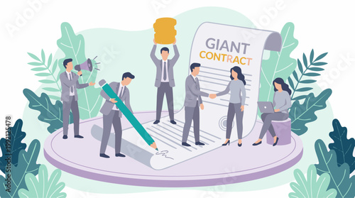 Business team working on a large contract agreement and financial deal