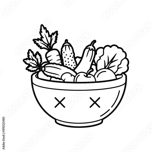Funny vegetable bowl with a smiley face and crossed eyes featuring fresh produce like carrots and eggplants as a playful linear vector graphic for healthy eating food blogs and kids nutrition