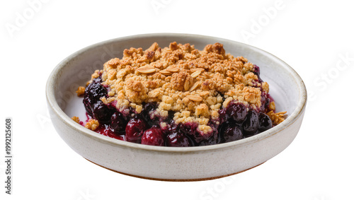 Obraz na plátně Isolated homemade berry crumble dessert in ceramic bowl, baked fruit crisp, swee