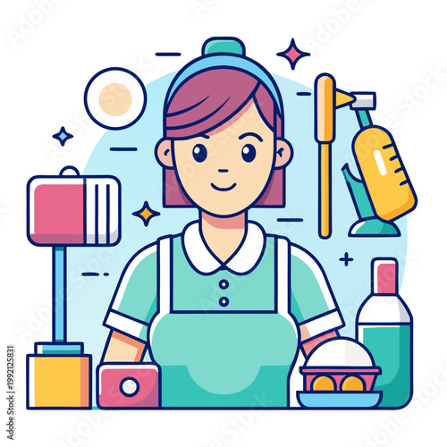 Cartoon Housekeeper with Cleaning Supplies Illustration