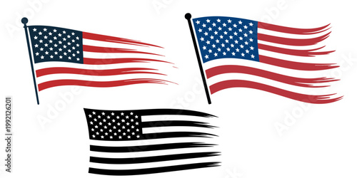 Distressed American flag set with grunge brush stroke style patriotic USA banner variations black and white and color