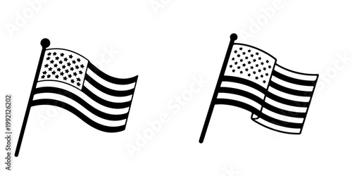 Distressed American flag set with grunge brush stroke style patriotic USA banner variations black and white and color