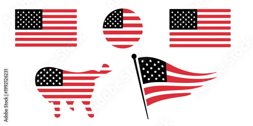 Distressed American flag set with grunge brush stroke style patriotic USA banner variations black and white and color
