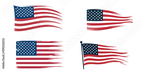 Distressed American flag set with grunge brush stroke style patriotic USA banner variations black and white and color