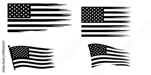 Distressed American flag set with grunge brush stroke style patriotic USA banner variations black and white and color