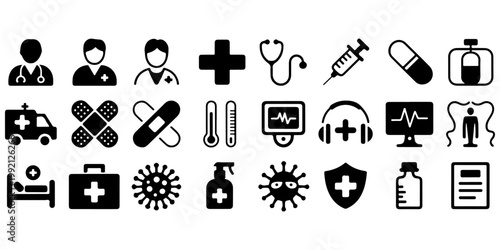 Medical icons collection set including ambulance syringe pills heart monitor mask and healthcare symbols solid glyph style