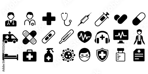 Medical icons collection set including ambulance syringe pills heart monitor mask and healthcare symbols solid glyph style