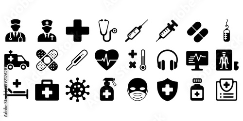 Medical icons collection set including ambulance syringe pills heart monitor mask and healthcare symbols solid glyph style