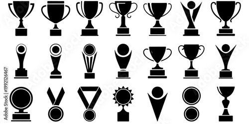 Trophy and award icons set including cups medals and winner symbols solid black silhouettes collection