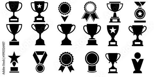 Trophy and award icons set including cups medals and winner symbols solid black silhouettes collection