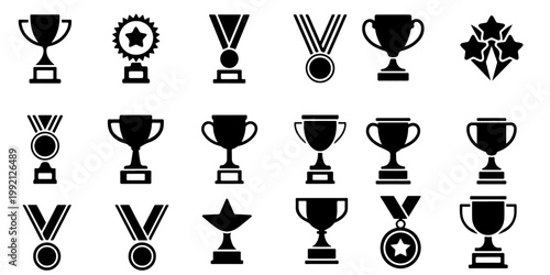 Trophy and award icons set including cups medals and winner symbols solid black silhouettes collection