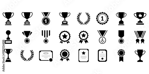 Trophy and award icons set including cups medals and winner symbols solid black silhouettes collection