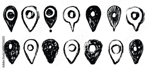 Grunge Brush Stroke Location Pin Icons Set. Gps navigation symbol markers hand painted. Vector chalk artistic pin map mark collection.
