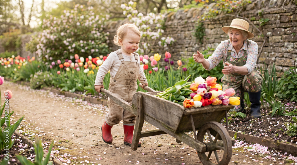Fototapeta premium Young child helping to push wheelbarrow full of flowers in garden 