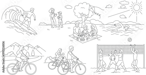 Diverse group of people enjoying various outdoor summer activities like surfing, cycling, swimming, and playing volleyball.