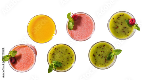 фотографія Isolated overhead shot of refreshing mixed fruit smoothies and juices in glasses, healthy drinks