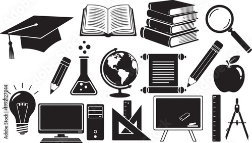 Education icons, school supplies, learning symbols, black vector set