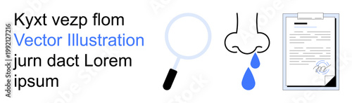 Medical diagnostics, documentation, search tools, allergy symptoms, verification, analysis. Features a magnifying glass, nose with a drip and a signed document. Diagnostics and documentation
