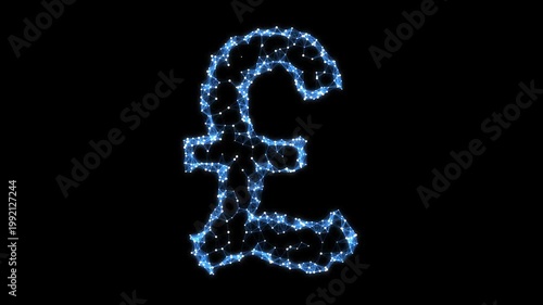 Abstract Geometric Blue Pound Sterling Symbol Pulsating on Black Background, Animated Financial Currency Particles Network Motion Graphics Seamless Loop, 4K