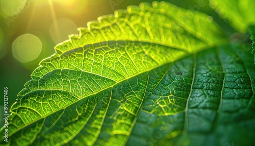 A close-up photograph showcases the intricate vein structure of a vibrant green leaf illuminated by sunlight, highlighting its delicate details and natural beauty.