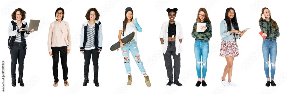 Obraz premium Diverse young adults fashion element set isolated on white
