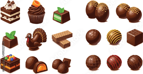 Chocolate Dessert Vector Set with Truffles Pralines Cake Candy and Sweet Confectionery Illustration Collection