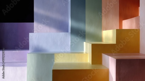 Set of stairs with different colors and textures. the stairs are arranged in a way that creates a sense of depth and dimension.