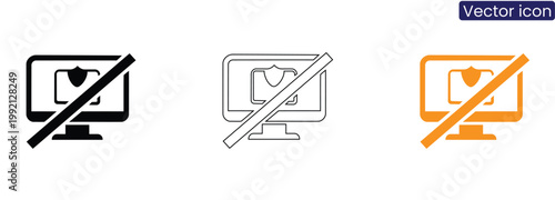 No computer screen with shield icon on white background vector icons set