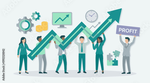 Business team holding up a large growth arrow and profit sign, symbolizing success