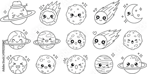 Cute Kawaii Space Characters Set with Funny Planets, Moon, Comets, and Asteroids for Kids Sticker and Cartoon Designs