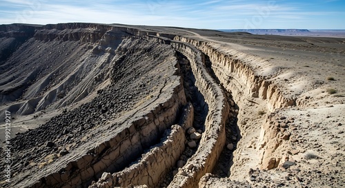 Aerial view of eroded badlands canyon with layered sediment under clear blue sky
