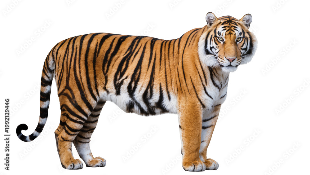 Obraz premium Isolated majestic wild tiger standing alert, powerful and striped big cat predator