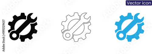 Gear and wrench icons in black, Line art, And blue on white background