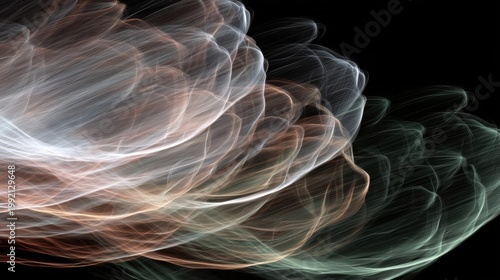 Abstract digital art piece that appears to be made up of multiple layers of lines and curves. the lines are in different shades of pink, orange, and green, creating a sense of movement and energy.