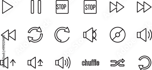 Media control icons, audio playback symbols, vector buttons, stop play pause