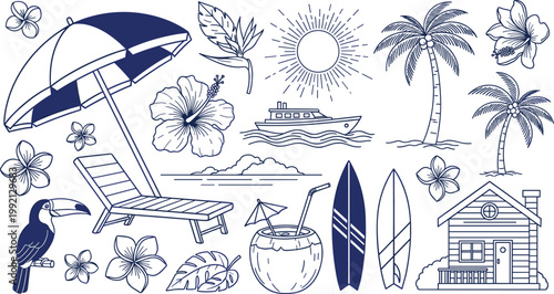 Comprehensive Tropical Vacation Icon Set Featuring Beach Decor Surfing Gear and Island FloraComprehensive Tropical Vacation Icon Set Featuring Beach Decor Surfing Gear and Island Flora