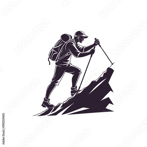 Hiker climbing steep mountain with backpack and trekking poles, black and white adventure illustration isolated on white background