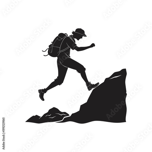 Man jumping across mountain rocks in dynamic pose, black and white adventure illustration isolated on white background