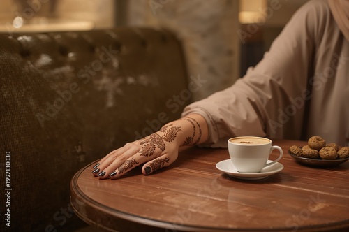 Henna hand beside Arabic coffee and date cookies in warm modern cafe