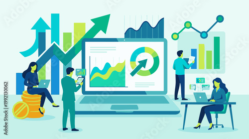Business people analyzing financial data and market growth charts on screens