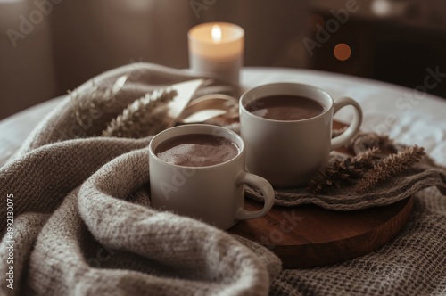 Cozy at home date night with hot cocoa and warm blanket setup