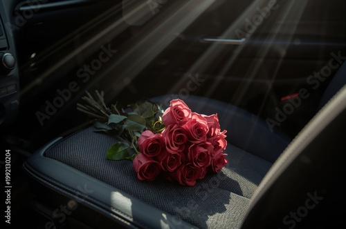 Bouquet of roses on car seat with soft sunlight and Valentine mood